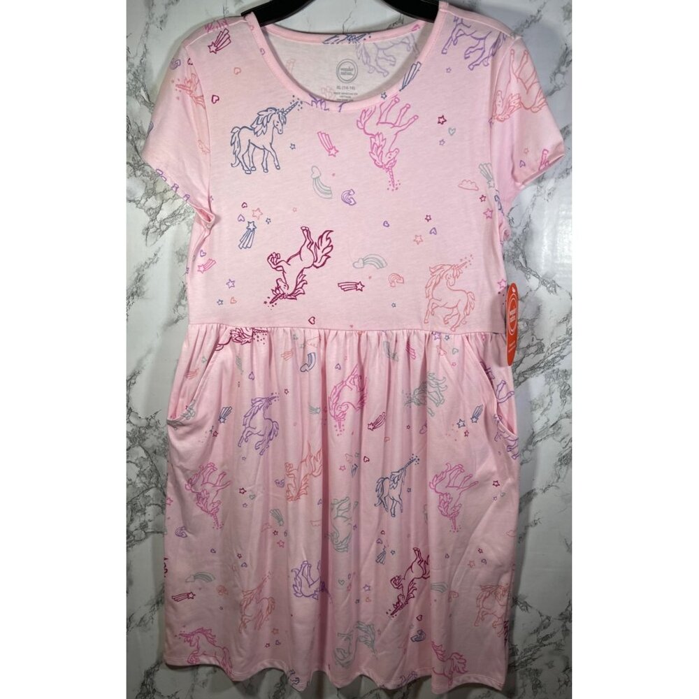 Wonder Nation Girls Unicorn Print Pink Dress Size XL (14-16) Short Sleeve w pock